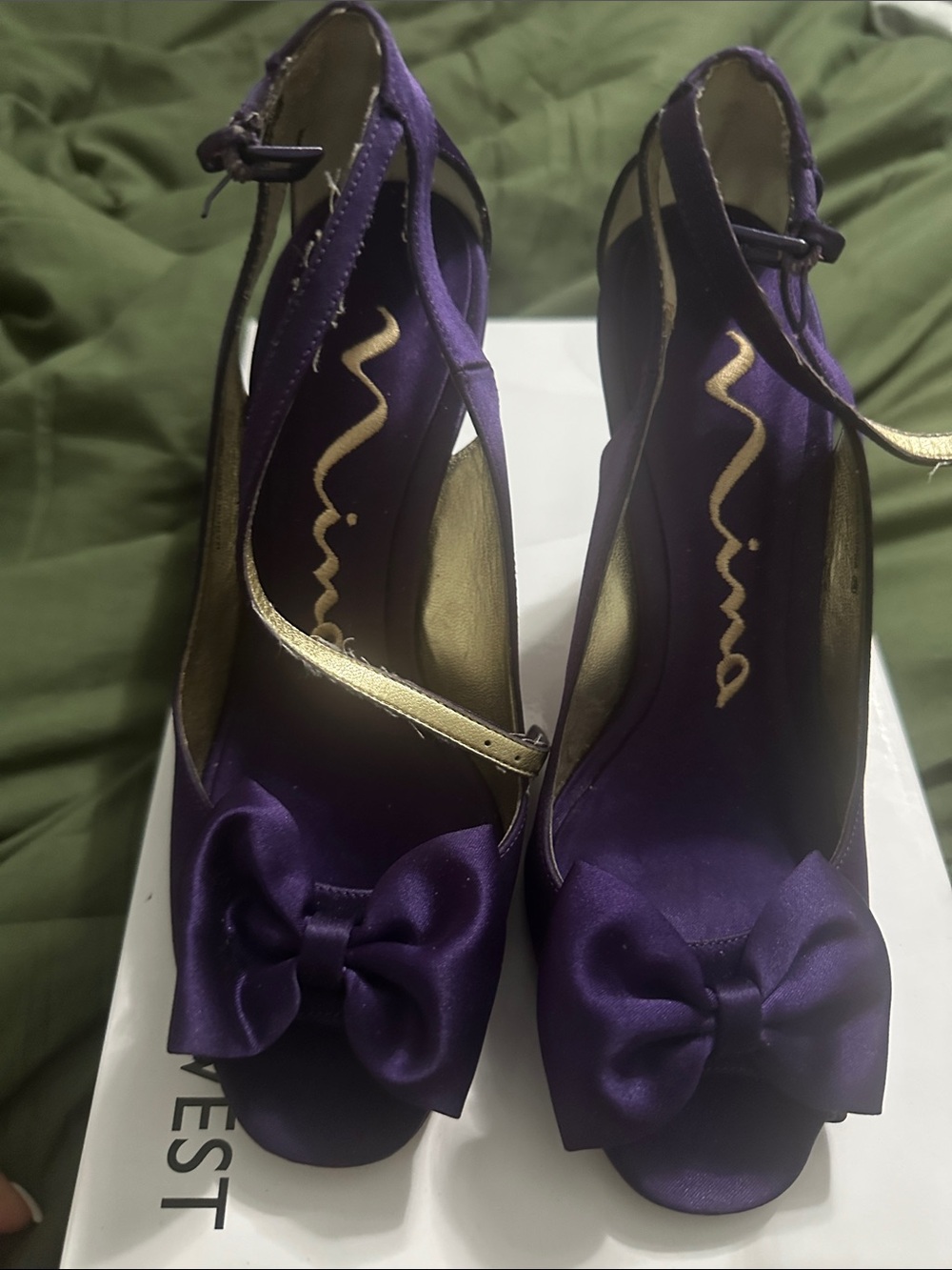 Nina Purple Satin Peep-Toe Bow Heels with Ankle Strap
